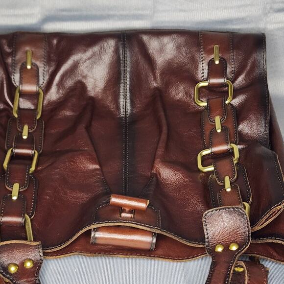 Kate Landry Large Tote Bag Leather Chocolate Brown Brass Links Flap Turn Lock - Picture 9 of 10